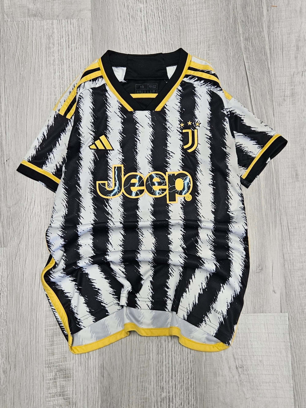 adidas Black & White Stripe Juventus Soccer Jersey with Yellow Accents